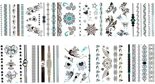 11 Blätter Temporäre Gold Silber Türkis Tattoos Metallic Tattoos Flash Tattoos Armband Tattoos Schmetterling Tattoos