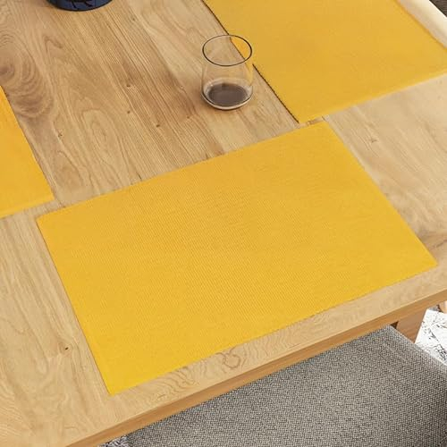 Encasa XO Platzsets Esstisch Set von 6 | Gelb | Fein gerippte Baumwoll-Tischunterlage | Größe 48x32 cm | Maschinenwaschbar