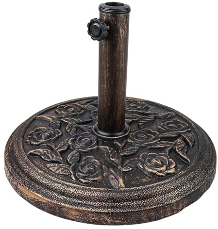 9kg Cast Iron Effect Garden Parasol Base,Umbrella Stand With Floral Rose Design for Outdoor Furniture Umbrella, Gazebo, Patio,Awning,Parasol Holder with Adjustable Knob H32 x D45.5cm