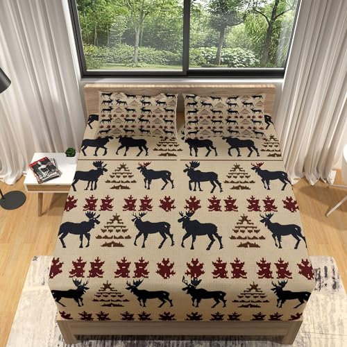 Spannbettlaken Tierisches Elchmuster Druck Spannbetttücher 90x190 Bettlaken Mikrofaser Spannbetttuch Boxspringbett - Tiefe Tasche 30 cm mit 2 Kissenbezügen für Kinder Jugendliche