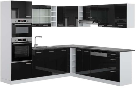 Vicco Eckküche R-Line, Schwarz Hochglanz/Weiß, 247 x 237 cm