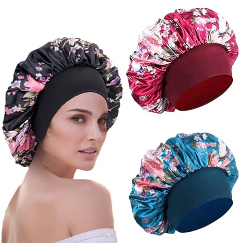 WUBAYI 3 Stück Soft Satin Bonnet, Silk Bonnet Hair Wrap for Sleeping, Sleeping Hair Care Cap Bonnets, Night Sleeping Head Cover Sleeping Hat for Women And Girls Curly Hair, Blau, Schwarz, Rot