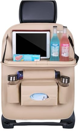 2 Pack Car Backseat Organize, Car rear seat storage bag PU Leather Kids Car Seat Back Organiser with Foldable Tray Table and Multi Pockets for Travel, Parents Drivers, Kids Toys Food Storage-Beige