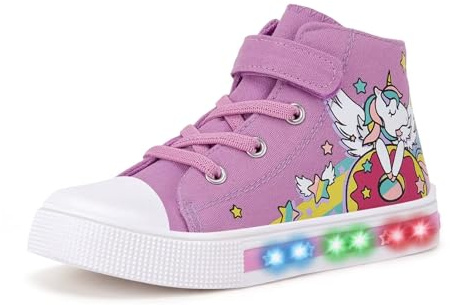 Girls Light-Up Trainers, Kids High Top Shoes Size 8, Purple Unicorn