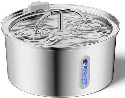 Fuente de agua para gatos, acero inoxidable, 3.2L/108 onzas, fuente de agua para mascotas, dispensador automático de agua de metal para perros con bomba silenciosa, doble flujo, filtración para gatos