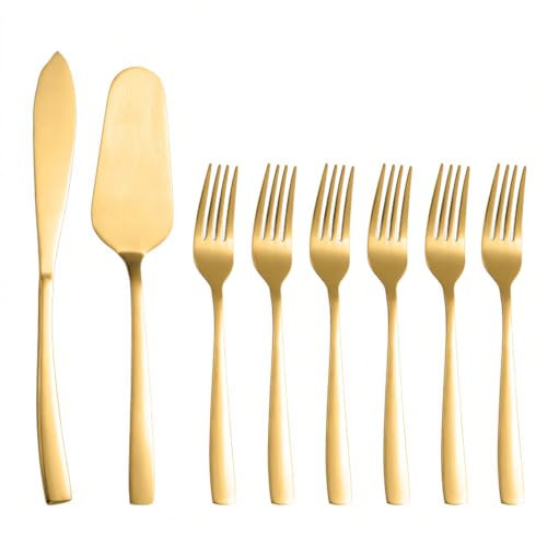 Ymeibe Cake Knife and Server Set with 6 Cake Forks Heavy Duty Thickened 18/0 Stainless Steel Pie Spatula with Comfortable Handle Cake Cutting Set for Wedding (Gold)