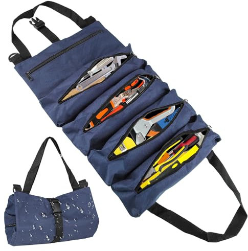 Werkzeug Rolltasche, Werkzeugtasche Klein, Werkzeugtasche Leer, Werkzeugrolle mit 5 Reißverschlusstaschen, Canvas Schraubenschlüssel werkzeugtasche (Blau)