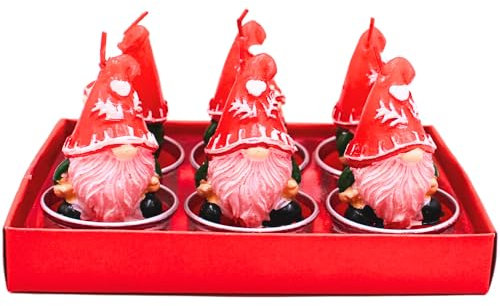 Dekohelden24 6er Set Teelicht Wichtel - Figurenkerze als Wichtel ohne Gesicht mit Weihnachtsmütze in rot, Lieferumfang 6 Figurenkerzen, Maße je Teelicht L/B/H: 4 x 4 x 7 cm.