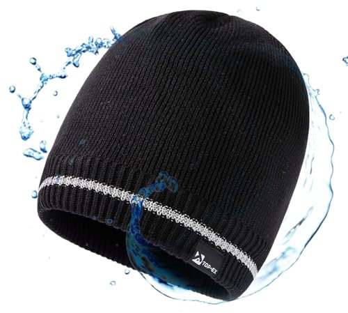 TOP-EX wasserdichte Merino XL Beanie Mütze Herren Damen Wolle Wintermütze Warm Fleece Strickmuetze Regenmütze Schwarz Reflektierend
