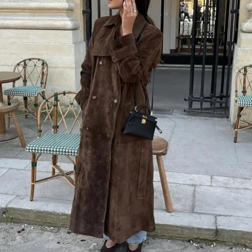 Eawfgtuw Manteau long à double boutonnage pour femme - Élégant - Vintage - Coupe-vent - Avec ceinture - Automne Hiver - Décontracté - Usage quotidien - Marron - S-L (S Marron)