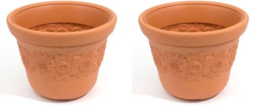 Stolmet Sunny Terracotta Planter | 60L | Ceramic-Like Texture with Sunflower Design | Durable Outdoor Indoor Planter | 570mm Diameter x 435mm Height | Available in Sets of 1, 2, 5, or 10 (2)