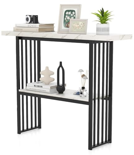 Multigot 2-Tier Console Table, Faux Marble Narrow Behind Couch Entryway Table, 120cm Long Metal Frame Accent Sofa Side Table Hall Desk for Hallway, Living Room, Bedroom (White+Black)