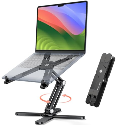 OMOTON Faltbarer Laptop Ständer 360° Drehbar, Aluminium, Schwarz | Höhenverstellbar, Rutschfest, Ergonomisch, für MacBook Air/Pro und alle Laptops 10–16, Ideal für Schreibtisch & Home Office