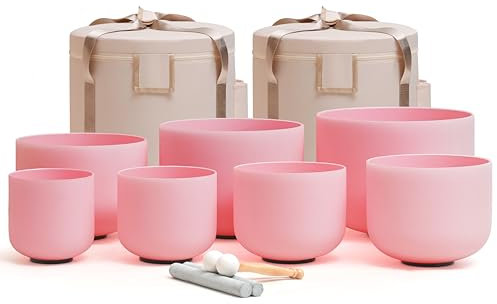 CVNC 432HZ 6-12 Inch Pink Color Frosted Quartz Crystal Singing Bowls Chakra Set of 7 with Carry Case Bags for Sound Healing and Meditation