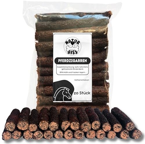 Naturbiss Hundezigarren aus Pferd - 20 Stück (12 cm) - Hypoallergen & Getreidefrei Zigarre - Monoprotein, 98% Muskelfleisch Rollen - luftgetrocknetes Pferdefleisch Hundesnack