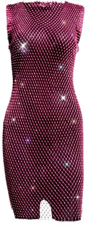 BrightGlow Robe sexy pour femme - En maille transparente - Strass brillants - Sans manches - Transparent - Paillettes - Robe de plage - Robe midi - Jupe en maille pour fête, boîte de nuit, Rose #2., M