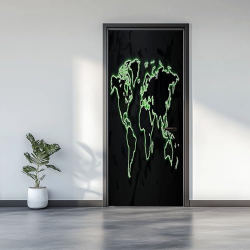 3D Türaufkleber 80 x 200 cm Tür Türtapete Wandbild, Schwarz Weiße Schlichte Weltkarte Selbstklebend PVC Wasserdicht TürPoster, Dunkler Hintergrund Wohnzimmer Schlafzimmer küche Bad Büro Dekoration