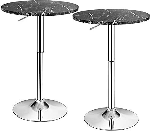 COSTWAY 60cm Round Marble Bar Table, Height Adjustable & 360° Swivel Counter Pub Tables with Sliver Base and Non-slip Rubber Ring, Bistro Cocktail Table for Home Office Dining Room Kitchen (2, Black)