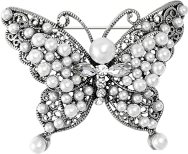 Damen Broschen Temperament Elegant Legierung Perle Schmetterling Brosche Damen Mantel Pullover Corsage Ornament Anstecknadel, Silber
