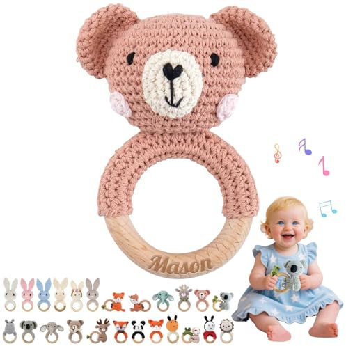 Hochet Bebe & Anneau Dentition Bebe Bois Personnalisé avec Nom Gravé, Hochet Peluche Jouet Bébé 0-12 Mois, sans BPA, pour Dentition Développement Sensoriel Auditif Bébé, Cadeau Baby Shower (08)
