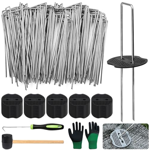 DAZZTIME Unkrautvlies Haken,100 Stück Erdanker+100 Stück Unterlegscheiben (150 X 40mm, ø2,5mm),Anti-Rost Erdanker,Anti Rost Verzinkte Bodenanker,Zur Befestigung von Unkrautvlies,Zaun,Zelt