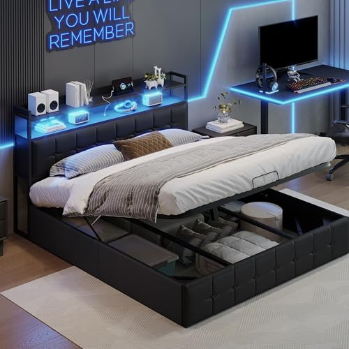 BRILVERDE Polsterbett 160x200 Doppelbett mit Stauraum-Kopfteil, Jugendbett mit LED und USB, Hydraulisch Stauraumbett, Bettgestell mit Lattenrost, Funktionsbett, PU (Schwarz, 160 x 200 cm)