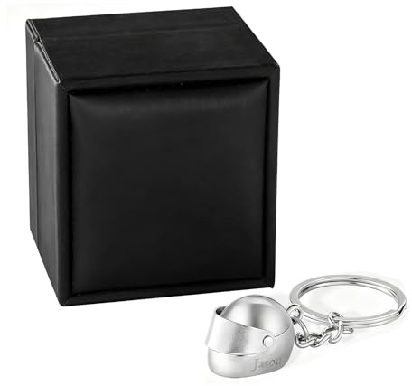 Porte-clés personnalisé mini casque de moto avec boîte. Porte-clés moto personnalisé avec nom gravé recto verso. Cadeau pour homme ou papa.