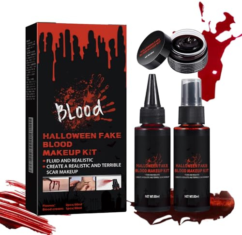 3PCS Fake Blood Halloween Makeup Kit - Realistic Washable Special Effects Makeup, Face Paint, Coagulated Blood + Dripping Blood + Spray For Zombie Vampire Monster Cosplay SFX Mouth Clothes Dress Up