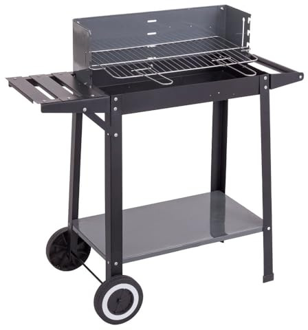 MONTY Barbacoa de Carbón de Acero, con Bandeja Lateral, Parrilla 48x29cm | 10 Comensales, Ruedas, Parrilla. Dimensiones 85x40x84 cm. Color Negro. Sencillo Montaje y Guardado. Barbacoa jardín exterior.