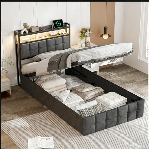 Bett mit Stauraum 90x200,Bettgestell Einzelbett,Hydraulisches Stauraumbett | Polsterbett 90x200 cm,Aufklappbett,Gästebett,Jugendbett ,Grau