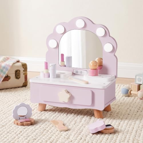 ROBOTIME Holz Schminkset für Mädchen, Kinder Schminktisch in Lila mit Muschelförmigem Spiegel und Licht, Holz Kosmetik Spielzeug mit Zubehör, Rollenspiel Make-up Set, Geschenk für Mädchen ab 3 Jahren
