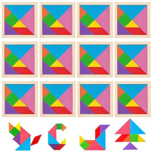 GUOYOU 12 Stück Tangram aus Holz, Neugierig machendes Tangram Puzzle | Tragbar Geometrische Formen Iq Puzzle, Mini Spielzeug Geduldsspiel Denkspiel für Weihnachten Geburtstag Geschenke
