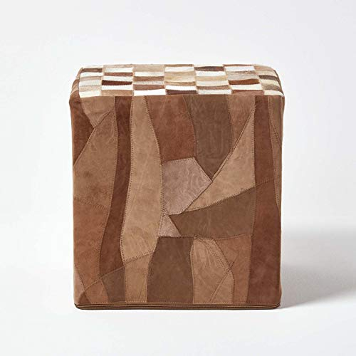 Homescapes Patchwork-Pouf braun-Creme kariert, Sitzwürfel 36x38 cm aus Leder & Fell, Lederhocker handgefertigt aus Recycling-Leder