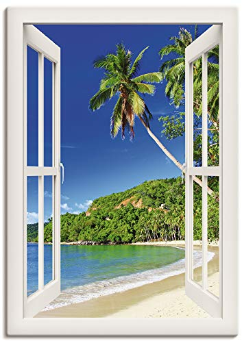 ARTLAND Wanddeko Leinwand Bilder Wandbild Fensterblick Karibik Südsee Strand Meer Insel Palmen Meerblick S9IC