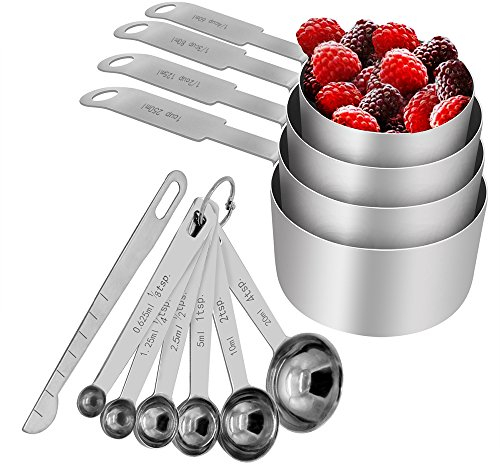 Lot de tasses et cuillères à mesurer Troodon, acier inoxydable renforcé, lot de 12, mesures gravées - Pour les ingrédients liquides et secs