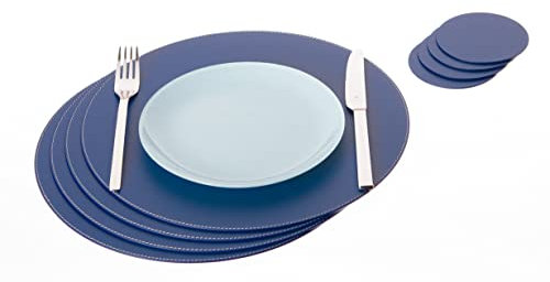 Nikalaz Rund Platzsets und Untersetzer aus recyceltem Leder, 4 Stück Tischsets, Tisch-Matten, Platzdeckchen 33 cm und Untersetzer 10cm (Blau)