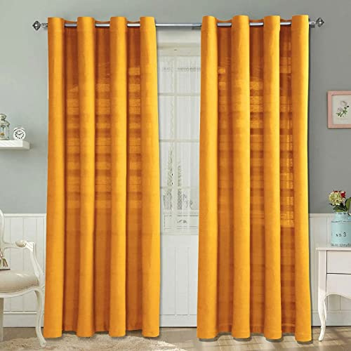 HOMESCAPES Mustard Yellow Rajput Eyelet Curtain Pair 137cm (54) Wide x 137cm (54) Drop 100% Cotton Ring Top Plain Curtains