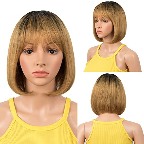 DÉBUT Echthaar Perücke mit Pony kurz Perücke Bob Pixie 10A brasilianisches Virgin Remy Hair 20cm 103g (TT1B/27: Honig mit schwarzer Wurzel)