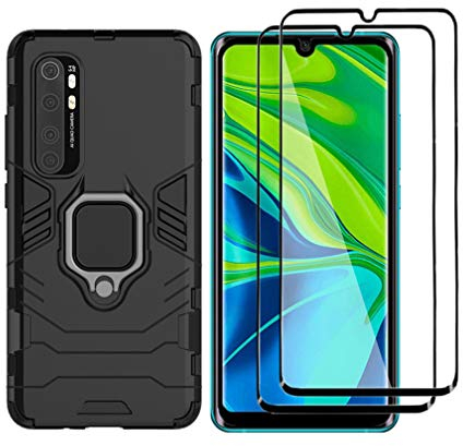 HAOTIAN Hülle für Xiaomi Mi Note 10 Lite + 2 Panzerglas, Handyhülle mit 360 Grad Finger-Halter Kickstand für Magnetische KFZ-Halterung, Silica TPU + Harter PC Hybrid Schutzhülle Cover.Schwarz