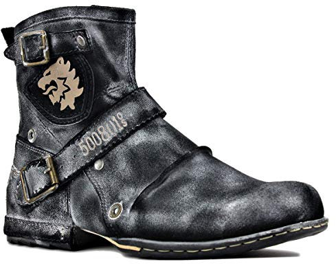 OSSTONE Chukka Stivali Cowboy Biker Boots Maschio Mens motociclo Botas cerniera su in Pelle Vitello Western retrò stile Uomo Piatto Stivaletti Boots 5008-1-F1-IT Fiocco neve nero 10