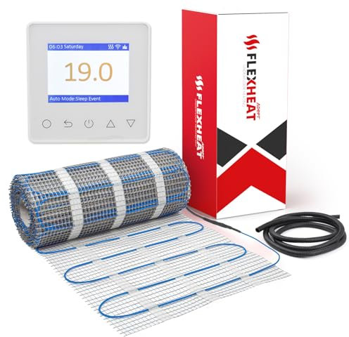 Adept Premium Electric Underfloor Heating Mat Kit 200W per m² with Self Adhesive Backing for Under Tile or Stone Floors - 3m2 Kit - White WiFi Deluxe Thermostat