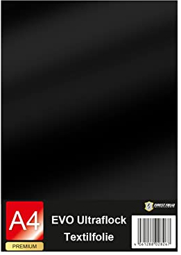 Evo Ultraflock Textilfolie für Plotter 33 Farben Flockfolie im Din A4 Format 30x20cm Plotterfolie für Stoff Kleidung T-Shirt Flock Folie Zubehör (1 Bogen, 000 Schwarz)