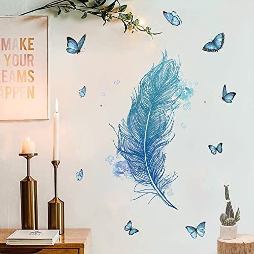 ANHUIB Feder Wandsticker,Schmetterlings Wandaufkleber,Kinderzimmer Aufkleber,Wandtattoo Feder für Babyzimmer Mädchenzimmer Wohnzimmer Schlafzimmer Deko,Blau Wandtattoo für Fenster Schrank Küche Bad