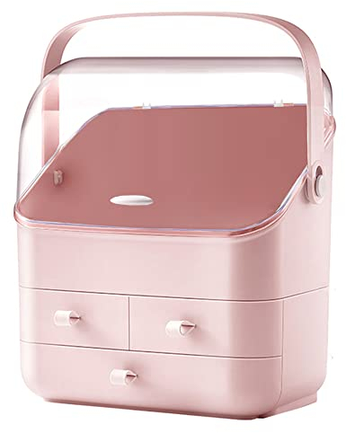 LINFIDITE Cosmetic Storage Box with Lid Makeup Organizer Box with Dust Free Cover Portable Handle,Large Makeup Display Case with Drawers Fully Open Lid,Great for Bathroom Countertop Bedroom Dresser