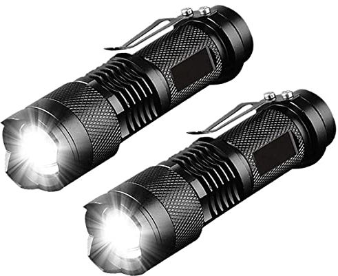 KOMI LED Torch,2 Packs of Mini LED Flashlights,Super Bright 350 Lumens 3 Modes Zoomable AA Battery Powered Torch Light with Clip for Fishing Camping Outdoors(Battery No Included)