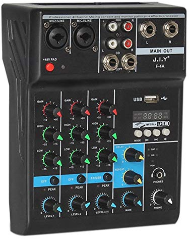 Trjgtas Console de mixage audio Bluetooth 4 canaux avec effet de réverbération pour karaoké à USB Scène KTV