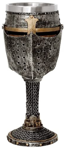 MediMuc Kelch Ritterhelm - detailliert verarbeiteter, dekorativer, handbemalter, mittelalterlicher Ritterkelch - Material Einsatz: Edelstahl - Material Aussen: Polyresin
