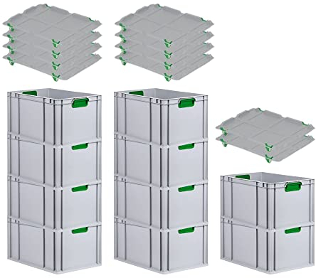 PROREGAL SuperSparSet 10x Eurobox NextGen Color mit Auflagedeckel & Schiebeschnappverschlüsse, HxBxT 32x40x60cm, 65L, Griffe grün geschlossen, Verstärkter Boden, Eurobehälter Transportbox