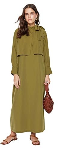 Trendyol Women's Damen Gerade Maxi Lange Ärmel Lässig Regulär Hijab-Kleid Dress, Khaki, 44