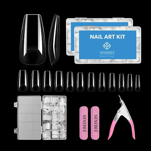 Gel Tips Nail Extension Kit, Fake Nail Tips 624PCS 12 Size with Nails Files Nail Clipper, Transparent Long Coffin False Nails Tips, Uv Nail Lamp Full Cover Gel Tips Kit for DIY Nail Salons Art